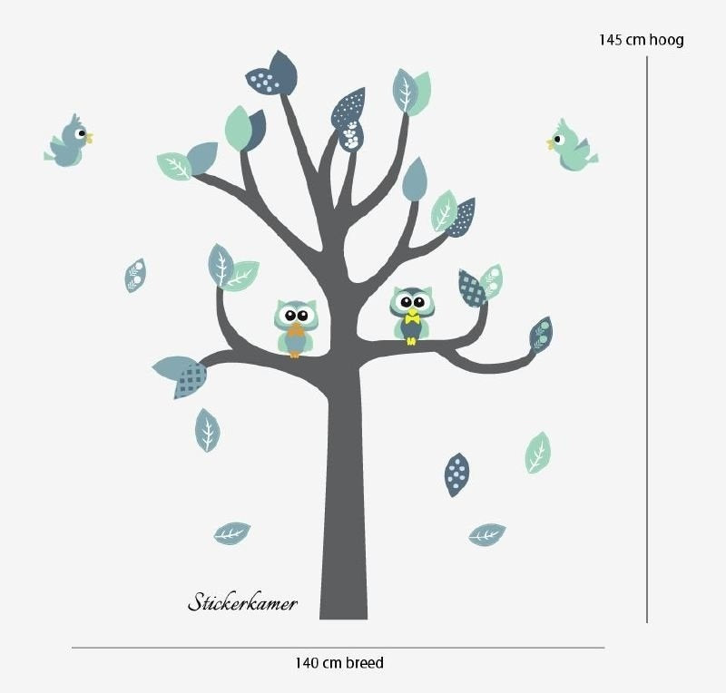 Muursticker boom met uilen en vogels kinderkamer (mint)