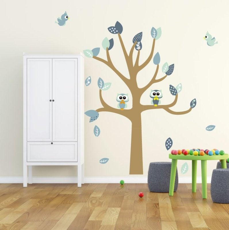 Muursticker boom met uilen en vogels kinderkamer (mint)