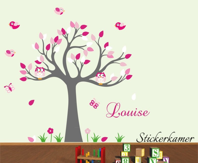 Muursticker boom met uilen en vogels kinderkamer roze thema