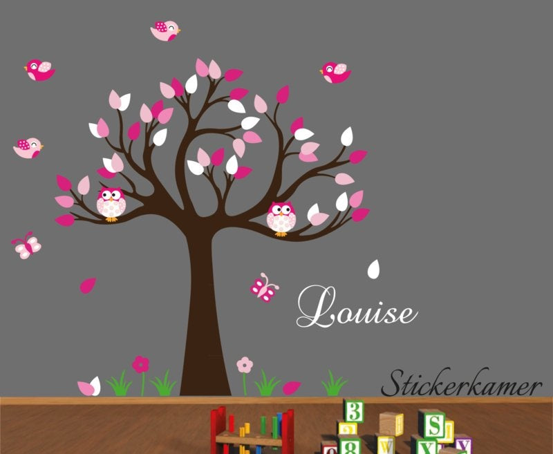 Muursticker boom met uilen en vogels kinderkamer roze thema
