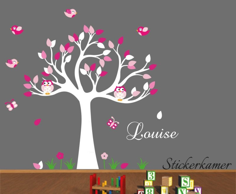 Muursticker boom met uilen en vogels kinderkamer roze thema