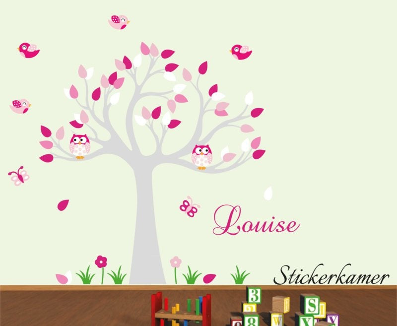 Muursticker boom met uilen en vogels kinderkamer roze thema