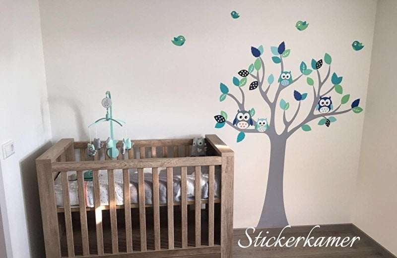 Muursticker boom met uilen en vogels kinderkamer