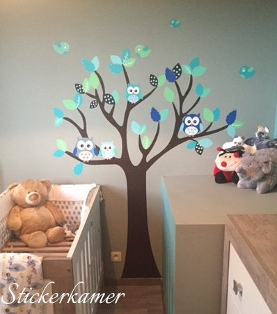 Muursticker boom met uilen en vogels kinderkamer