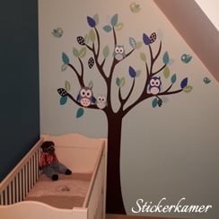 Muursticker boom met uilen en vogels kinderkamer