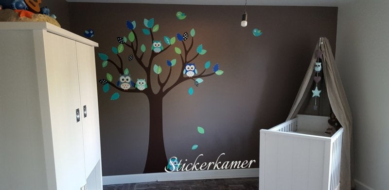 Muursticker boom met uilen en vogels kinderkamer