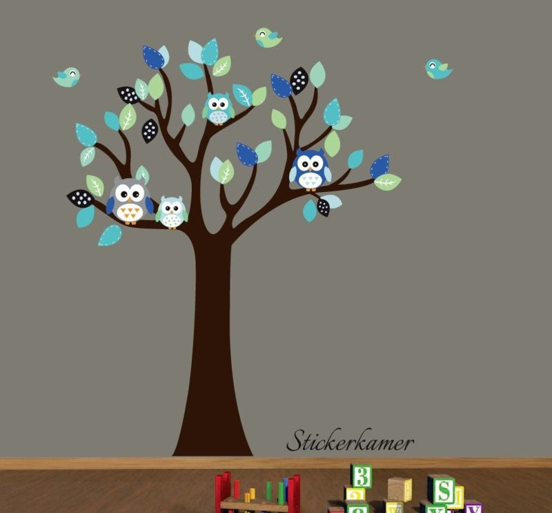 Muursticker boom met uilen en vogels kinderkamer