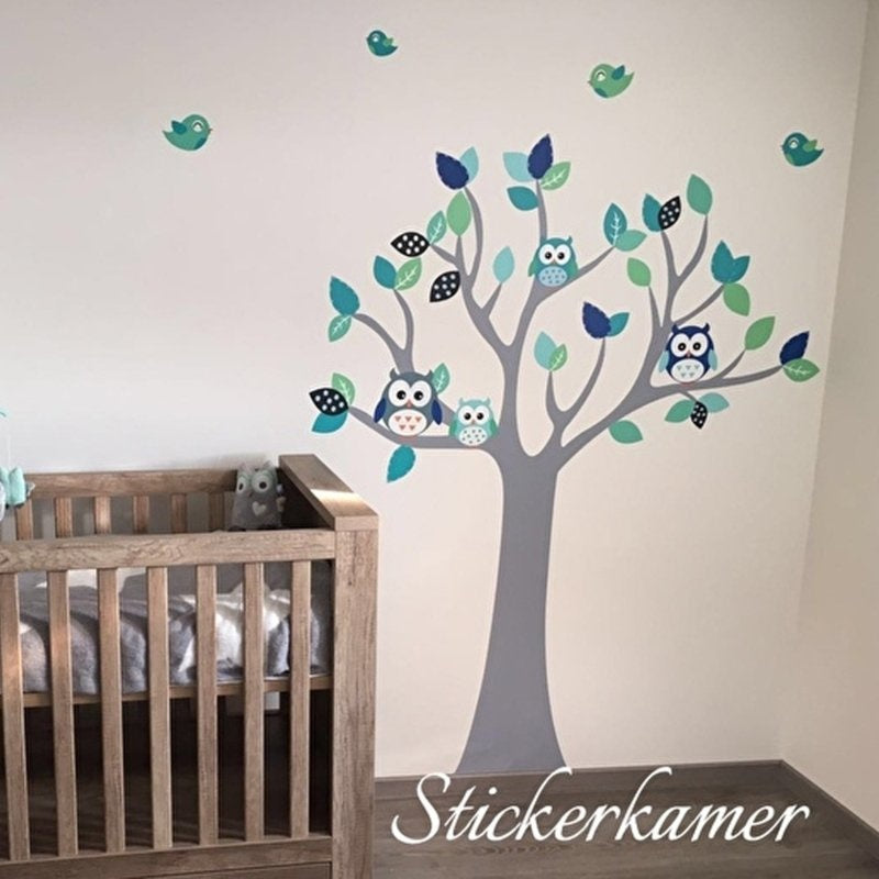 Muursticker boom met uilen en vogels kinderkamer