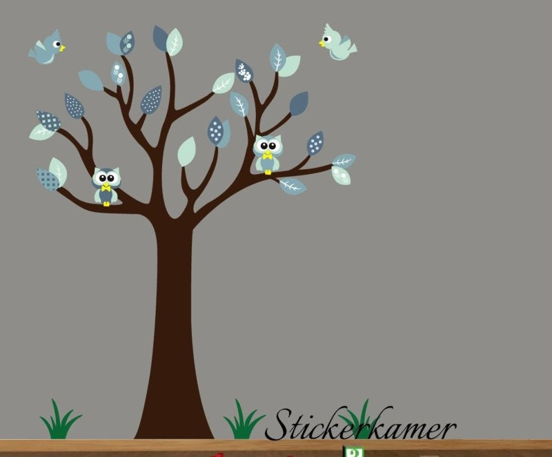 Muursticker boom met uilen en vogels mint babykamer