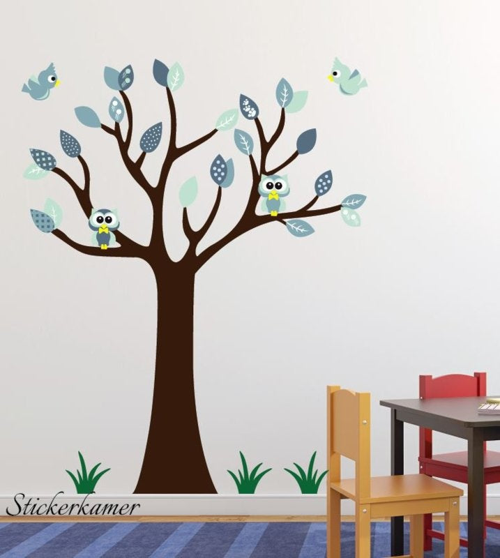 Muursticker boom met uilen en vogels mint babykamer