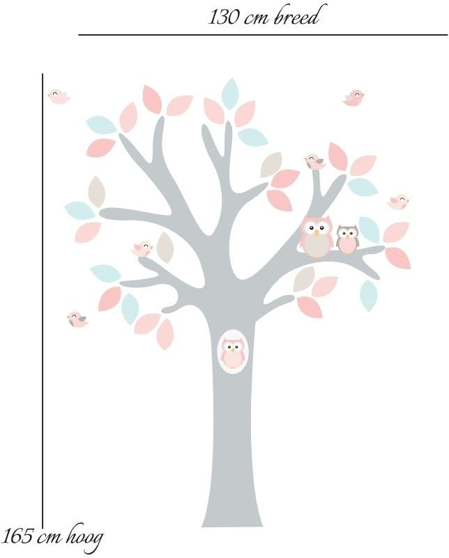 Muursticker boom met uilen en vogels (roze) babykamer