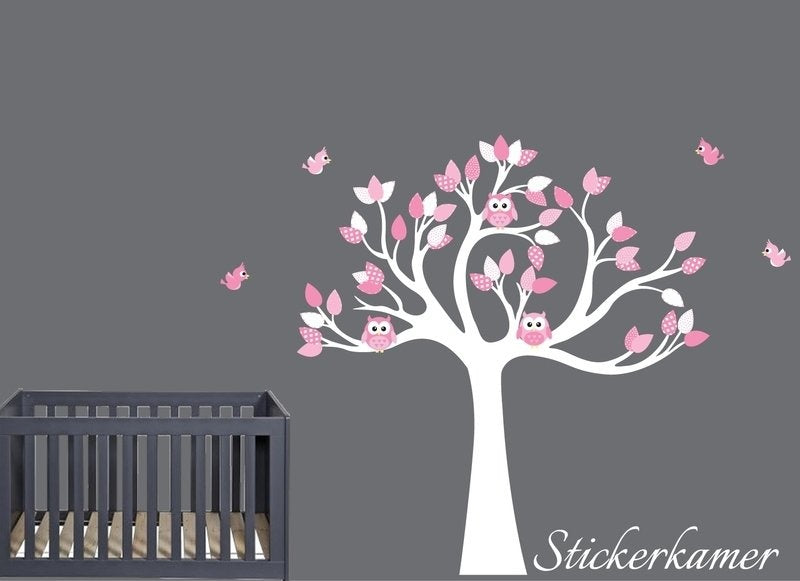 Muursticker boom met uilen en vogels (zacht roze)