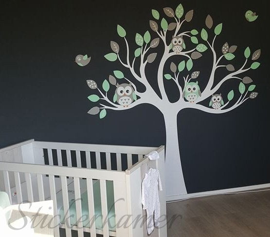 Muursticker boom met uilen mint babykamer / kinderkamer