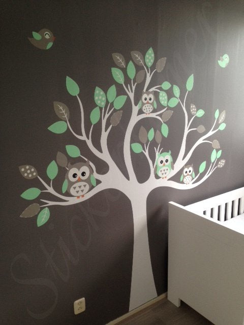 Muursticker boom met uilen mint babykamer / kinderkamer