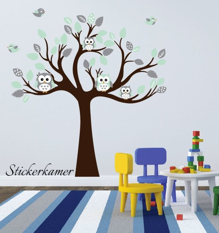 Muursticker boom met uilen mint babykamer / kinderkamer