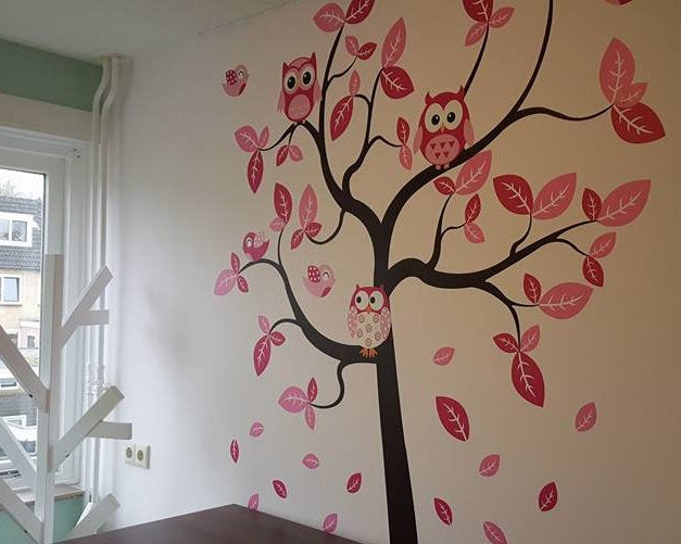 Muursticker boom roze XL uilen kinderkamer