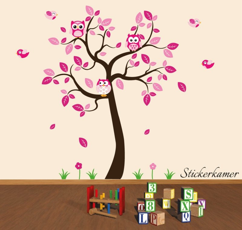 Muursticker boom roze XL uilen kinderkamer