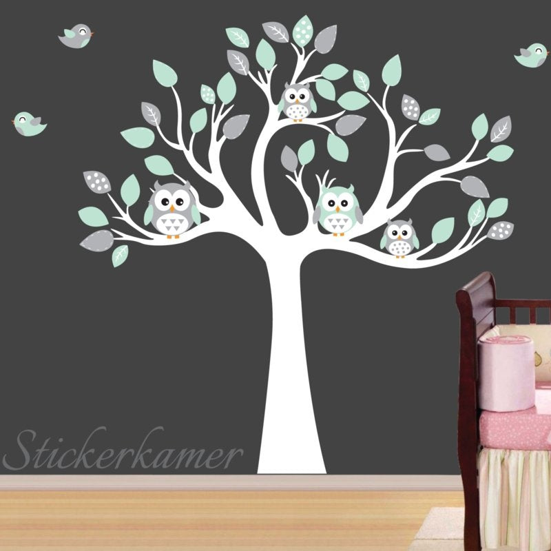 Muursticker boom uilen en vogels mint - grijs babykamer / kinderkamer