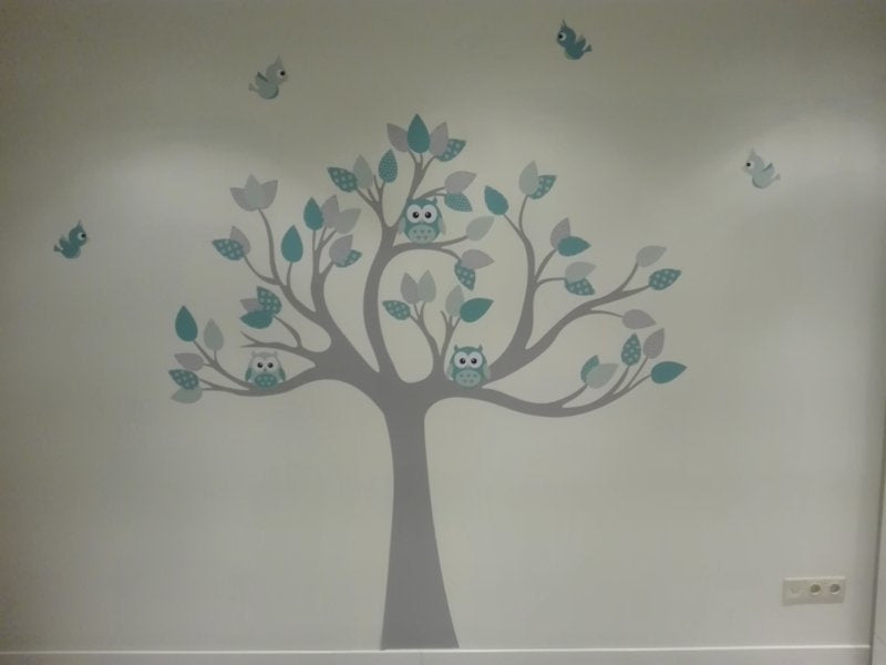 Muursticker boom uilen en vogels mint - grijs babykamer / kinderkamer