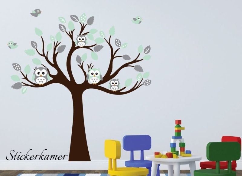 Muursticker boom uilen en vogels mint - grijs babykamer / kinderkamer