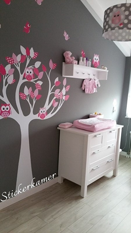 Muursticker boom uilen en vogels roze babykamer