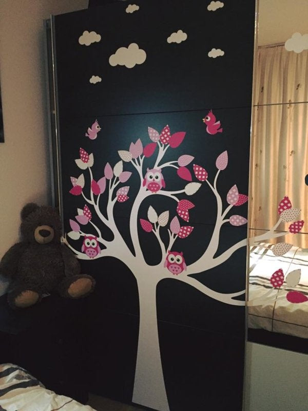 Muursticker boom uilen en vogels roze babykamer