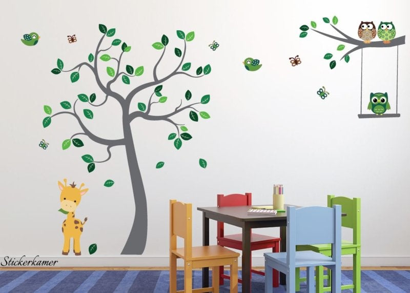 Muursticker boom uiltjes en giraffe babykamer / kinderkamer