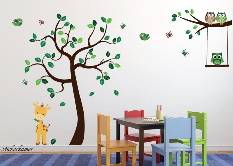 Muursticker boom uiltjes en giraffe babykamer / kinderkamer