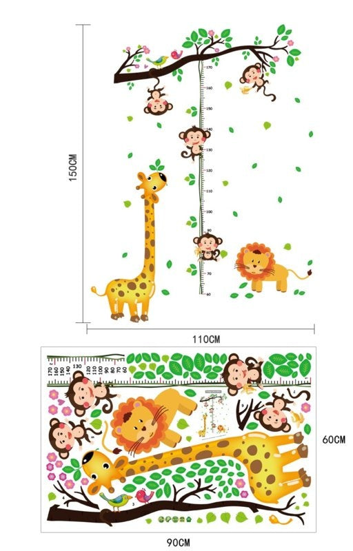 Muursticker giraffe groeimeter met aapjes babykamer - kinderkamer