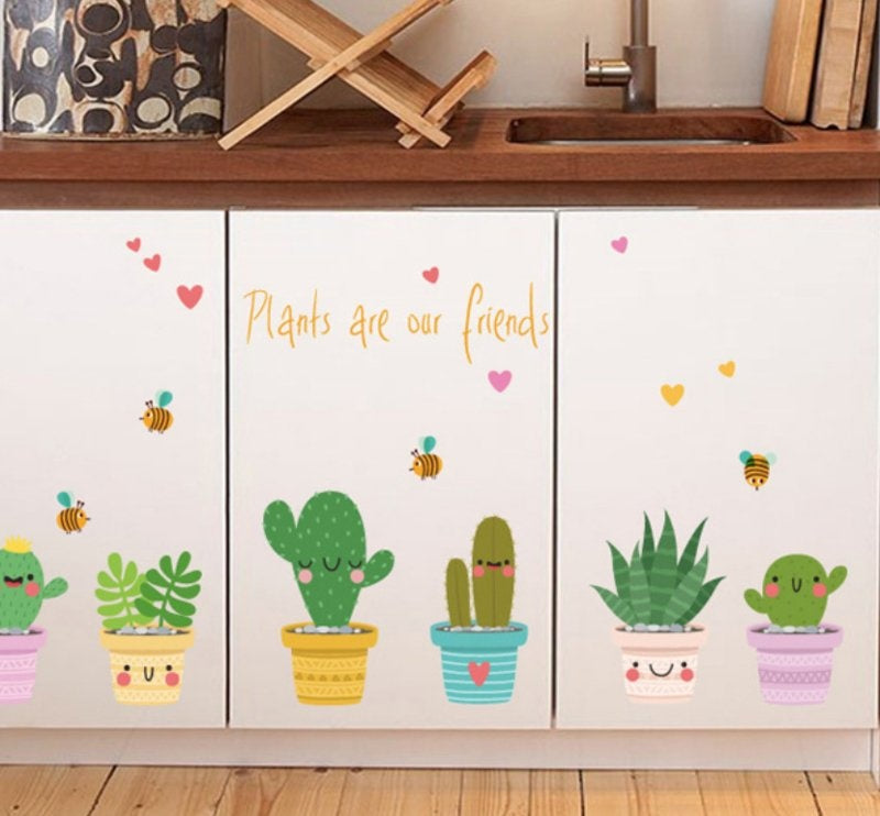 Muursticker happy cactus plant groen met gezichtjes babykamer - kinderkamer