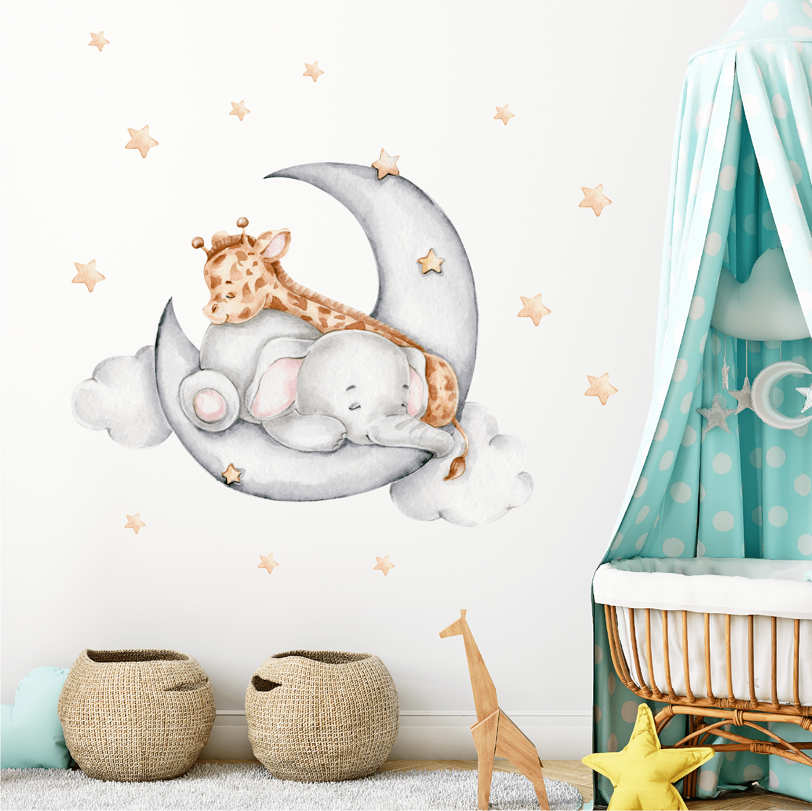 Muursticker babykamer giraffe en olifant op maan en sterren