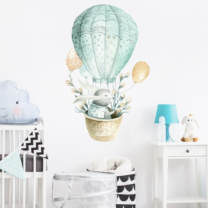 Muursticker konijnen in luchtballon kinderkamer