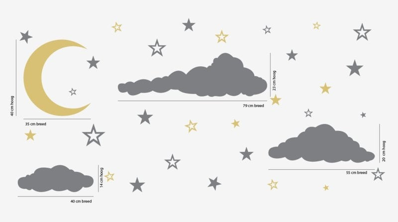 Muursticker maan, wolken en sterren kinderkamer / babykamer XL