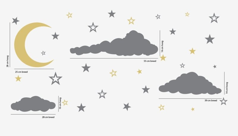 Muursticker maan, wolken en sterren kinderkamer / babykamer