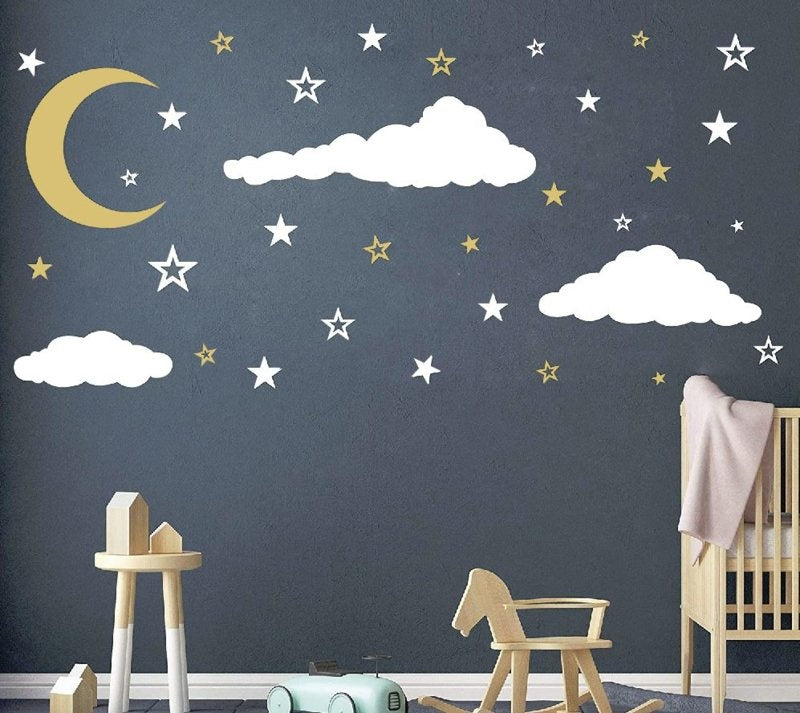 Muursticker maan, wolken en sterren kinderkamer / babykamer XL