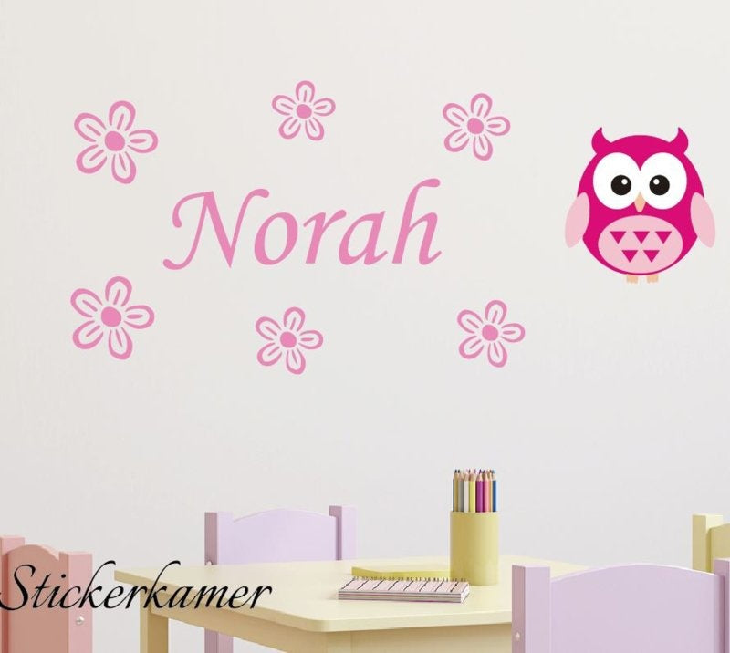 Muursticker naamsticker met uil en bloemetjes (roze)
