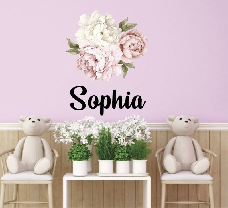 Muursticker pioenroos bloemen met naam babykamer / kinderkamer