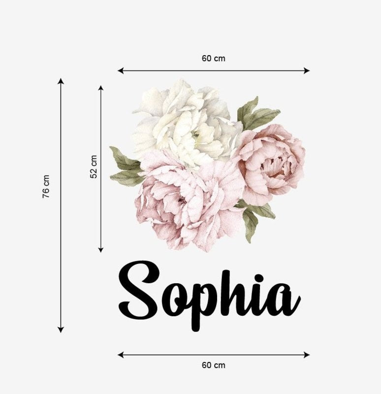 Muursticker pioenroos bloemen met naam babykamer / kinderkamer