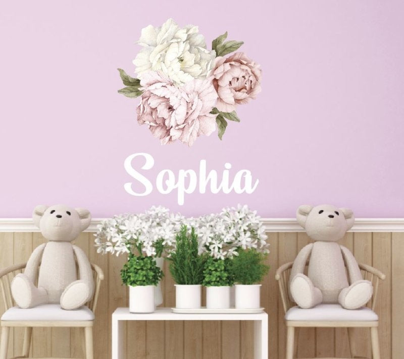 Muursticker pioenroos bloemen met naam babykamer / kinderkamer