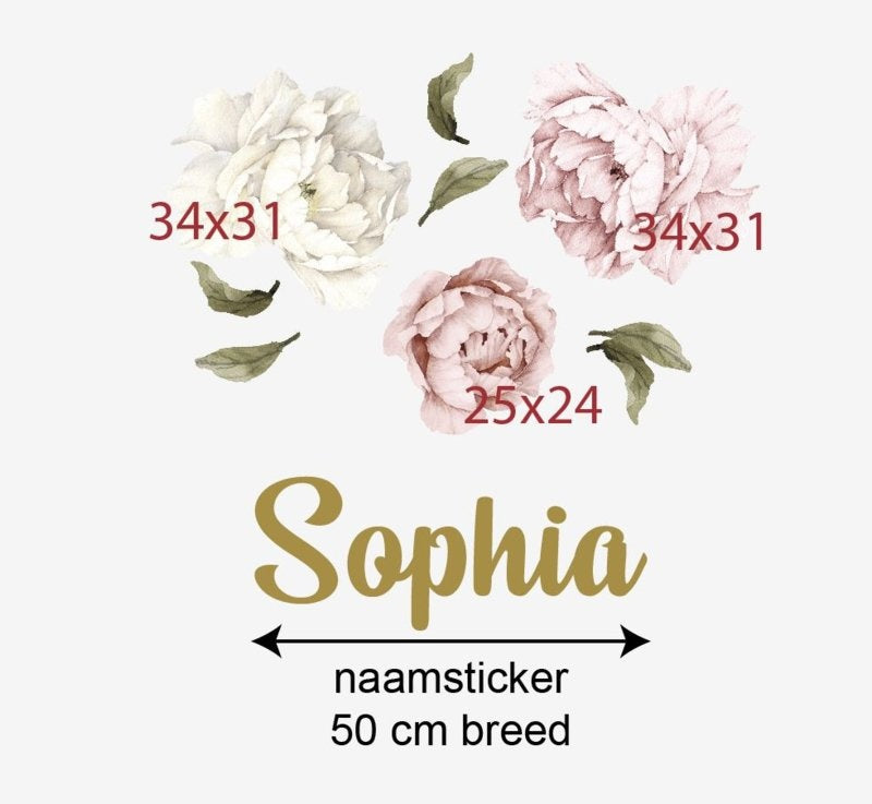 Muursticker pioenroos bloemen met naam babykamer / kinderkamer