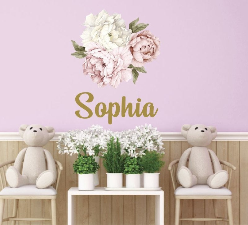 Muursticker pioenroos bloemen met naam babykamer / kinderkamer