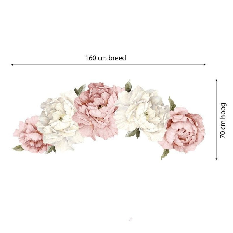 Muursticker pioenroos XL bloemen roze en wit babykamer