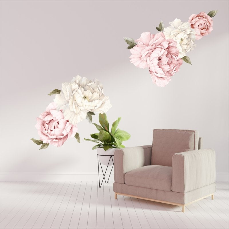 Muursticker pioenroos XL bloemen roze en wit
