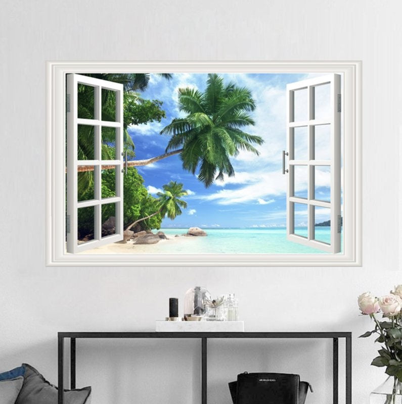 Muursticker raam uitzicht strand - palmboom - zee - natuur