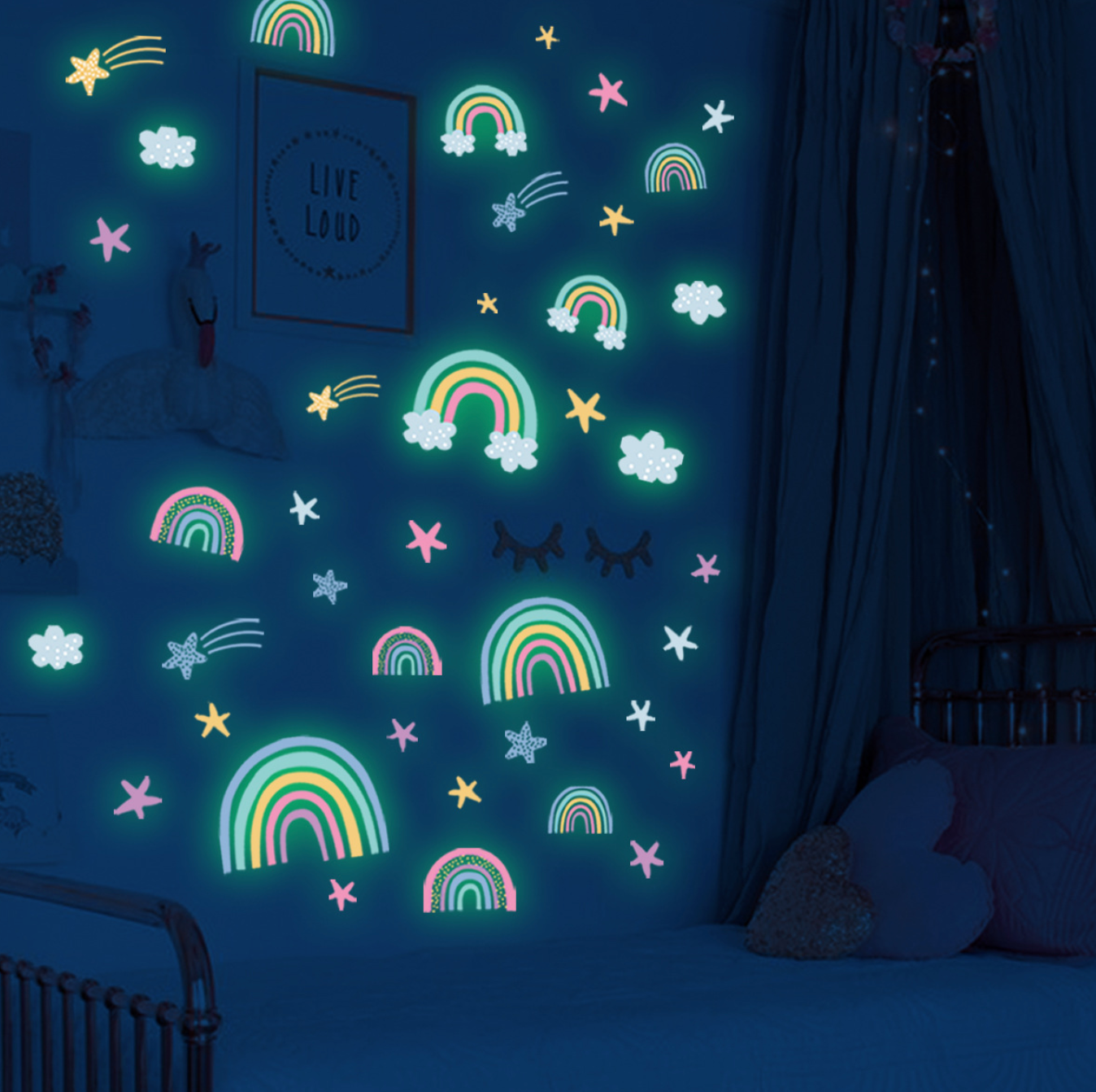 Muursticker regenboog en sterren glow in the dark