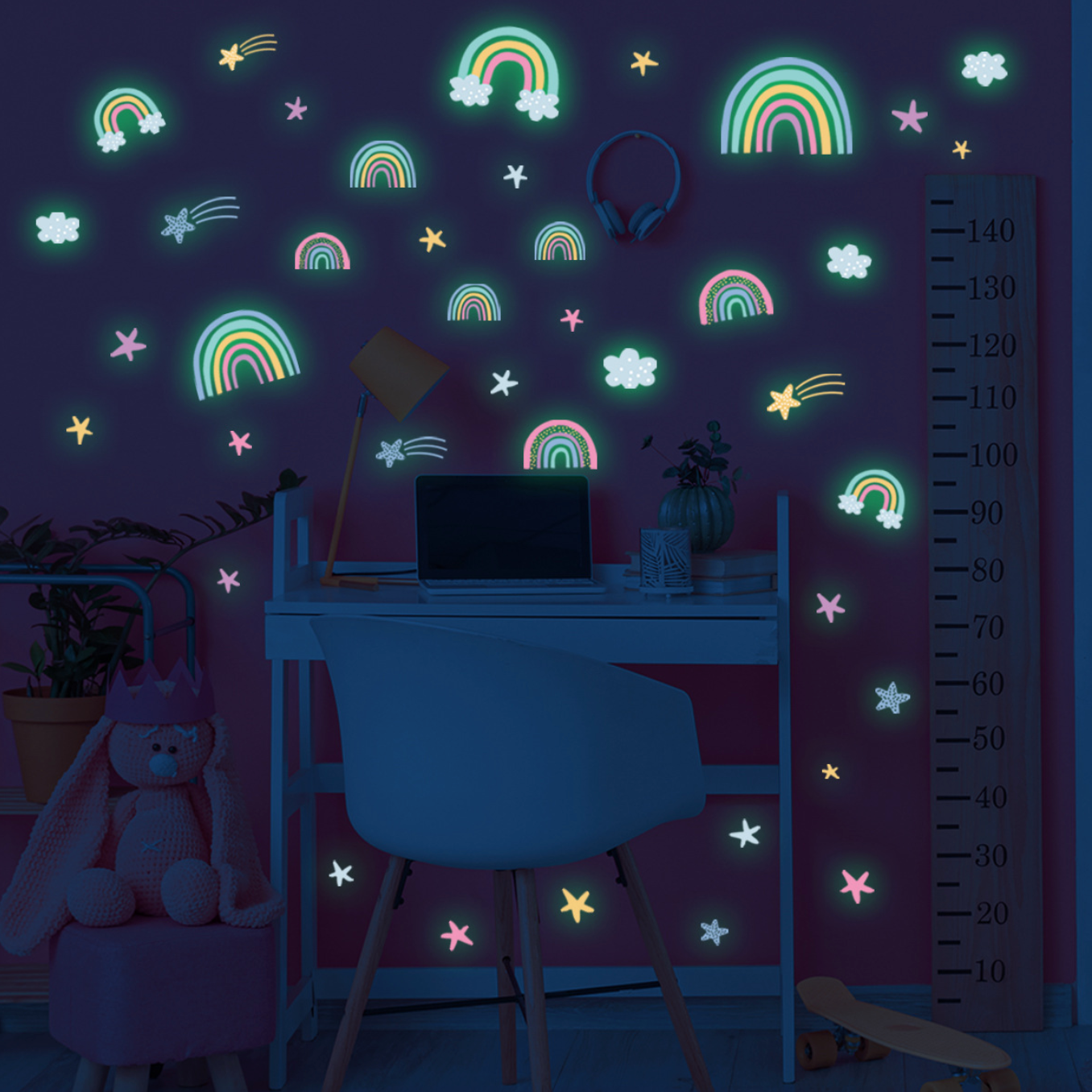 Muursticker regenboog en sterren glow in the dark