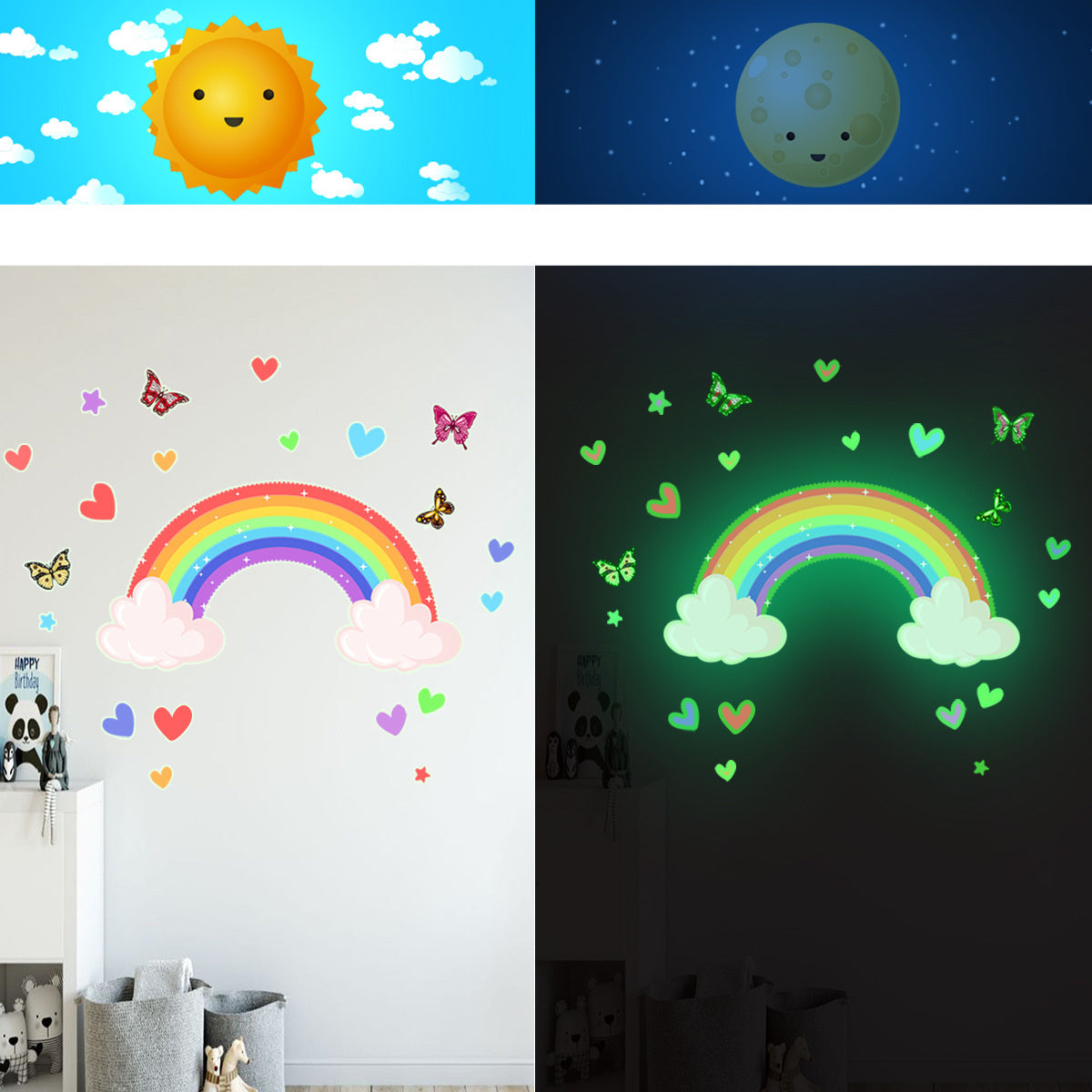 Glow in the dark Muursticker Regenboog met hartjes, vlinders en wolkjes