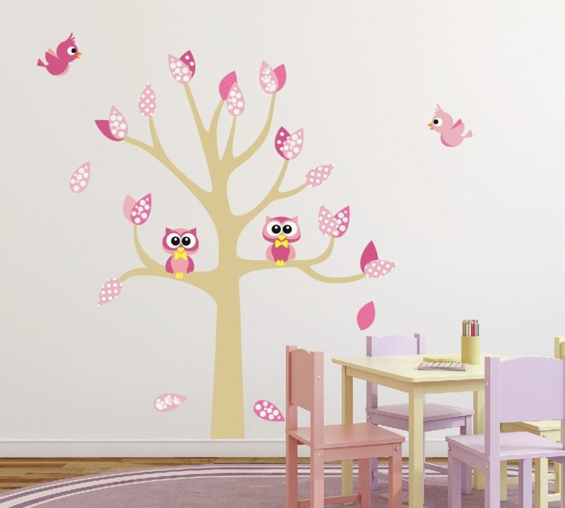 Muursticker roze boom met uilen en vogels meisjeskamer