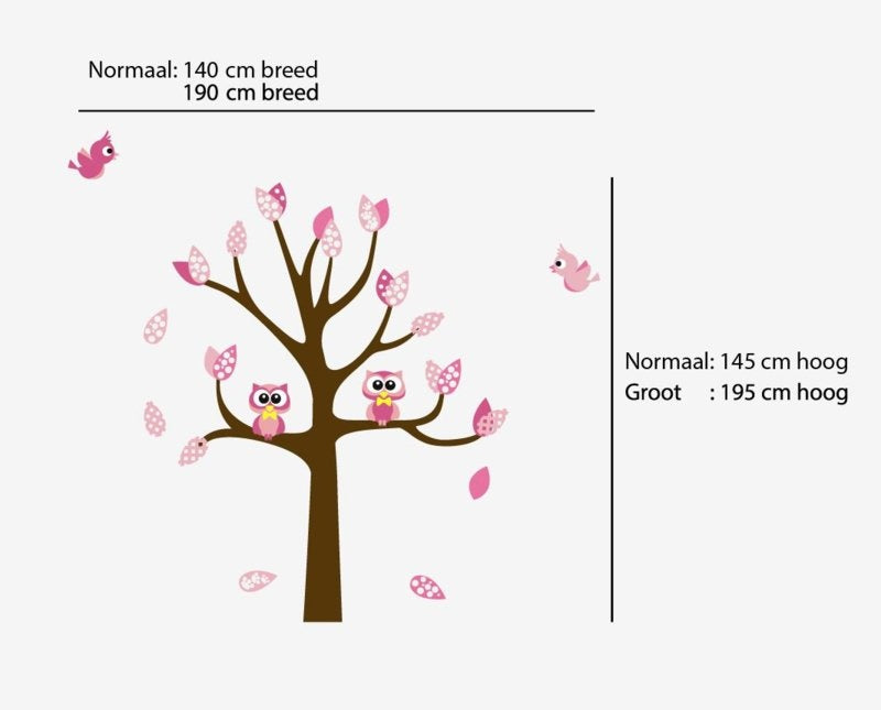 Muursticker roze boom met uilen en vogels meisjeskamer