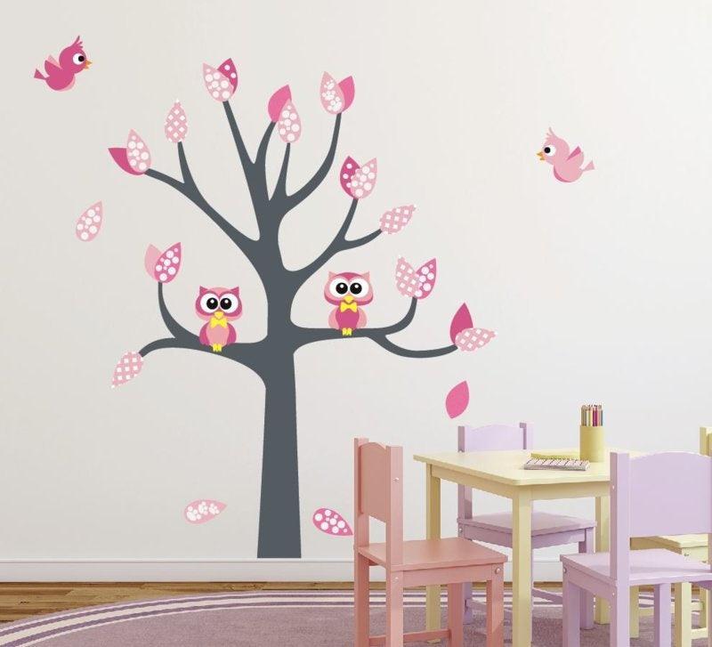 Muursticker roze boom met uilen en vogels meisjeskamer